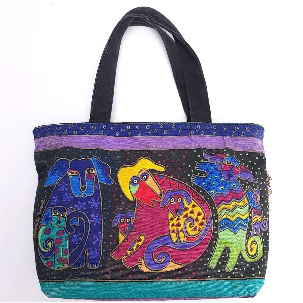 Dogs & Doggies Laurel Burch Small Canvas Purse Tote Multicolor‎ Handbag Vintage